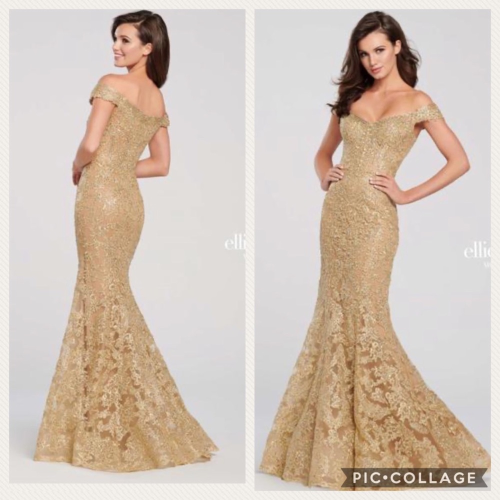 Brand new Ellie Wilde mermaid off the shoulder gold long Gown